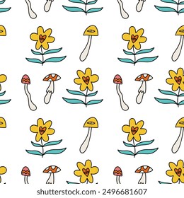 Folk cartoon mushrooms and flowers groovy seamless pattern. Doodle flat boho hippie vibe summer chill repeating illustration concept. Psychedelic mushroom surface wallpaper ornament. Fantasy fungi