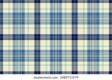 Folk check textile plaid, aged vector texture background. 70s fabric tartan pattern seamless in light and blue colors palette.