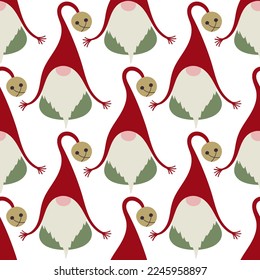 Folk Christmas gnome with a golden sleigh bell. Winter festival seamless pattern. 