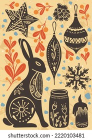 Folk Christmas vector illustration with vintage elements. Retro art with painting of hare, christmas tree toys, snowflake, star, snow.  Hand drawn old style of picture.