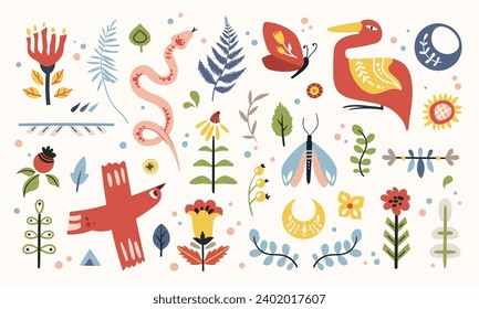 Folk clip arts vector set in Scandinavian and Nordic style, hygge isolated designs on white. Folkloric traditional motifs. The scandi elements - birds, flowers, moth and leaves