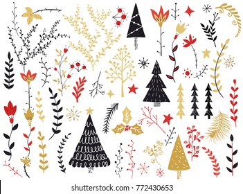 Folk collection. Flowers,branches,berries,Christmas tree,trees,star. Scandinavian folk art pattern. Floral design