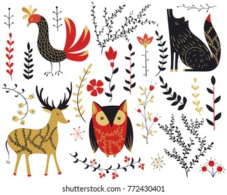 Folk collection.Deer,bird,wolf,owl. Scandinavian folk art pattern. Floral design