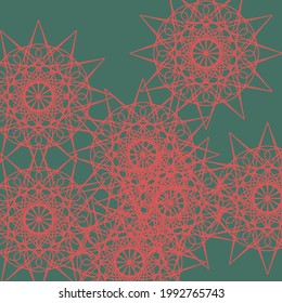 Folk Complicated Luxury Mystery Dark Christmas Satanic Light Pattern. Mandala Sharp Chaotic Lace Colorful Winter Print Design Pic. Monochrome Green Ornamental Red Santa Stars Bright Background.