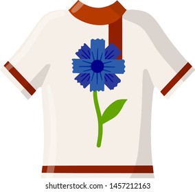 Folk costumes. National Slavic clothing. East European pattern with blue cornflower flower. Symbol of Belarus and Belarusian culture. Red and white shirt. Cartoon flat illustration