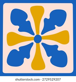 Folk Cross Blossom Quadrado Azulejo. Cerâmica decorativa Bloco elemento com pétalas cruciformes, humor de arte folclórica do sul da Europa, ilustração vetorial ornamental ousada