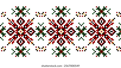 Folk cross stitch floral horizontal seamless pattern. Ethnic red-black-green on white background geometric floral composition. Ukrainian ornament style. Printing on bag, textile, home decor, clipart