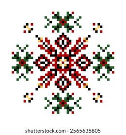 Folk cross stitch flower clipart. Ethnic red-black-green on white background geometric floral composition. Ukrainian ornament style. Printing on bag, textile, home decor, clipart, print design.