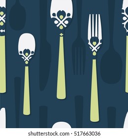 Folk cutlery on blue - vector background