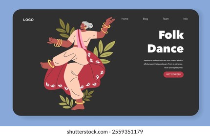 Folk Dance concept. Dynamic portrayal of traditional dance with joyful dancer in cultural attire. Cultural heritage, artistic expression, and celebration. Vector illustration.