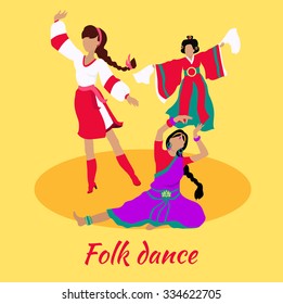 Folk Dance Concept Flat Design. Indian Turkish Israeli Dancing, Body Dancer, Girl And Lifestyle, Musical Party, People Performance, Show Traditional Culture Costume Illustration