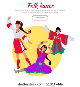 Folk dance concept web banner. Flat vector. Three women in ukrainian, indian, chinese national clothes dancing. Traditional choreography. For dancing school, party, event, festival web page design