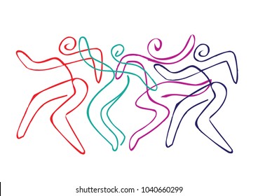 Folk dance group line art. 
Four vivacious dancers, line art stylized. Vector available. 