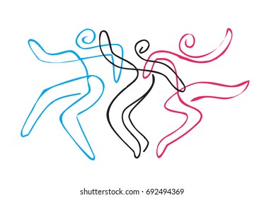 Folk dance group line art.
Three lively dancers, line art stylized. Vector available.