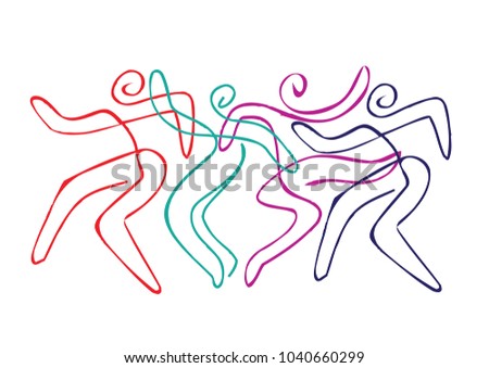 Folk dance group line art. 
Four vivacious dancers, line art stylized. Vector available. 