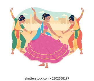 Folk dance tradition on Diwali 2D vector isolated illustration. Women performing dance together flat characters on cartoon background. Colourful editable scene for mobile, website, presentation
