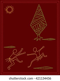 Folk Dancers Tribal Design, Motif, Wall Painting Vector Illustration