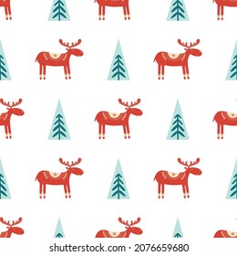 Folk deer pattern. Scandinavian deer silhouette, Christmas tree pattern. Christmas nordic reindeer background. Nordic seamless pattern graphic design. Cute vector illustration. Winter forest animal.