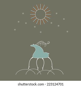 Folk deer silhouette card template with shining sun in the style of nordic decorative painting on a khaki background