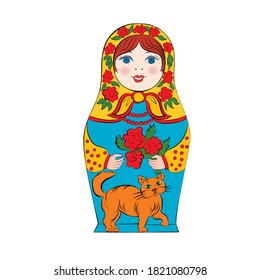 Folk doll, matryoshka in a scarf, with a cat. Vector image, for background, design, illustration.