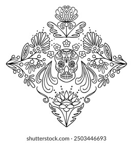 Folk doodle composition with fantasy flowers and sugar skulls. Monochrome mirror contour square composition in Mexican traditional style. Vector clipart of sketch drawings isolated on white background
