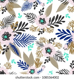 Folk Doodle Hand Painted Seamless Pattern with Cute Florals Design. Pretty Boho Print .Blossom Flowers Wallpaper Texture
