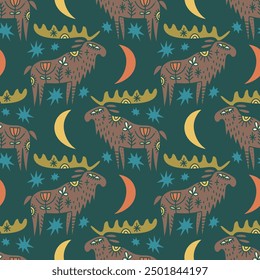 Folk doodle moose boho naive funky cartoon hand-drawn art in Scandinavian style, floral animal with flower pattern inside, childish nursery book fairytale seamless pattern clipart and more.