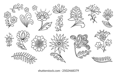Folk doodle set with fantasy flowers and leaves. Monochrome botanical contour stickers in Mexican traditional style. Vector clipart of sketch drawings isolated on white background