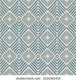 Folk Dyed Geometric Motif Textured blue Background. Seamless Pattern.Japanese Square Diamond Line Vector Seamless Pattern