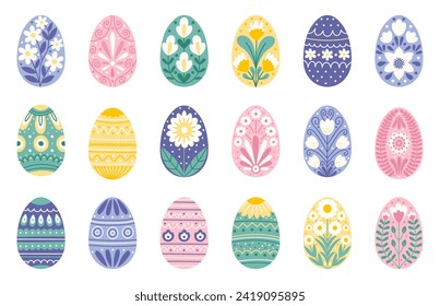 Folk Easter colorful egg set with spring ornament pattern. Abstract flowers, florals, botanicals, plants. Vector design illustartion for greeting card, banner, print, poster