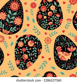 folk  Easter eggs pysanka seamless pattern painted eggs with leaves flowers and bird.  Vector art 