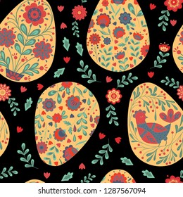 folk  Easter eggs pysanka seamless pattern painted eggs with leaves flowers and bird.  Vector art 