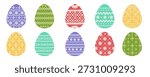 Folk Easter eggs set. Rustic Eggs silhouette painted with polka dot, striped, floral and abstract tradition ornaments. Easter colorful festive vector clipart collection