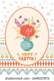 Folk Ostergrußkarte mit Blumenstrauß und Ladybirds, florale Postkarte, Vektorillustration