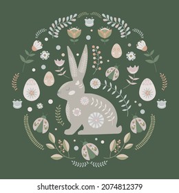 Folk Easter Illustration With Floral Motifs, Eggs And Easter Bunny.