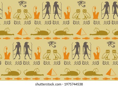 Folk egyptian hieroglyphics script elements seamless ornament. Man, Ra eye, pyramid, hand, snake, woman, bird history icons. Egyptian hieroglyphics culture signs vector design.