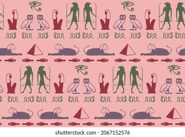 Folk egyptische Hieroglyphics Skript-Elemente nahtlos Muster. Pyramid, Pharao, Ra eye, Hand, Schlange, Frau, Eule Mythologie Symbole. Ägyptische Hieroglyphen-Kultur kennzeichnet Vektorhintergründe.