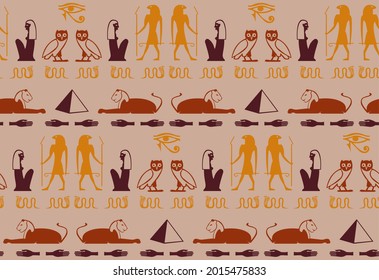 Folk egyptian symbols script elements seamless pattern. Sphinx, eye, snake, hand, bird, god Ra, Cleopatra history icons. Egyptian symbols culture signs vector wallpaper.