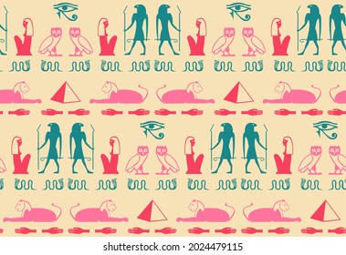 Folk egyptian writing script elements seamless ornament. Sphinx, eye. snake, hand, Ramses, bird, Cleopatra manuscript icons. Eegyptian writing culture signs vector design.