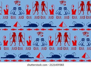 Folk egyptian writing script elements seamless ornament. Man, Ra eye, pyramid, hand, snake, woman, bird mythology signs. Eegyptian writing civilization icons vector wallpaper.