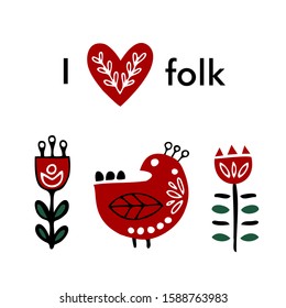 Folk elements set. scandinavian style. bird and flowers. Flat design. Hand drawn colored vector set. Modern trendy illustration. On a white background