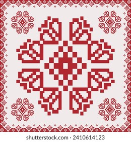 Folk embroidery cross stitch floral motif pattern. Vector ethnic red-white geometric floral motif pattern. Folk floral embroidery pattern use for textile, home decoration elements, upholstery, etc.