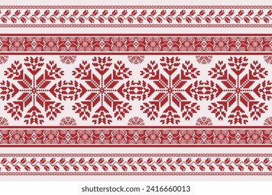 Folk embroidery cross stitch floral border pattern. Vector ethnic red-white geometric floral seamless pattern. Folk floral embroidery pattern use for textile, home decoration elements, upholstery, etc