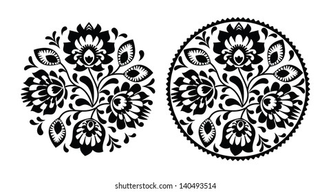 Folk embroidery with flowers - traditional polish round pattern in monochrome