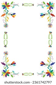 Folk embroidery frame. Design template for fiesta invitation, wedding and birthday invitation card, greeting card, restaurant menu. Mexican Otomi Tenango embroidery b. Size A4. Vector illustratration