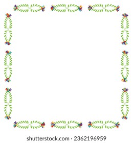 Folk Stickereirahmen. Design-Vorlage für Fiesta Einladung, Hochzeit und Geburtstag Einladungskarte, Grußkarte, Restaurant-Menü. mexikanischer Otomi Tenango Stickereistil. Viereckige Blumengrenze. Vektorgrafik