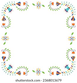 Marco de bordado popular. Plantilla de diseño para invitación a fiesta, tarjeta de invitación para bodas y cumpleaños, tarjeta de saludo, menú de restaurante. Estilo de bordado otomí mexicano Tenango. Borde floral cuadrado. Vector