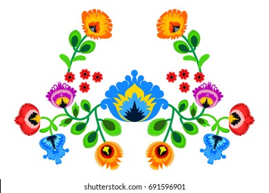 Folk embroidery ornament with flowers. Traditional authentic polish pattern decoration - wycinanka, Wzory Lowickie