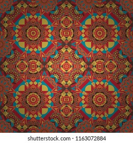 Folk ethnic floral ornamental mandala in magenta, yellow and brown colors. Vector abstract colorful painted kaleidoscopic graphic background. Seamless background pattern.