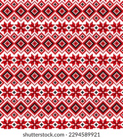 Patrones étnicos populares para el bordado en píxeles en colores rojo y negro. Patrones vectores para papel artesanal, elementos de diseño y fondos.
